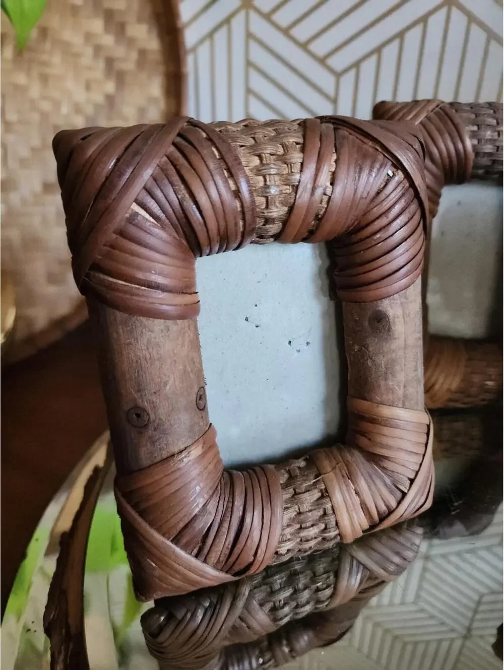 Vintage Set Of 3 Wicker And Bamboo Bohemian Photo Frames Tropical Decor 4x5